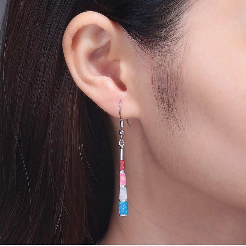 14K White Gold with Genuine Multicolored Fire Opal Dangling Hook Bar Earrings - Picture 4 of 4